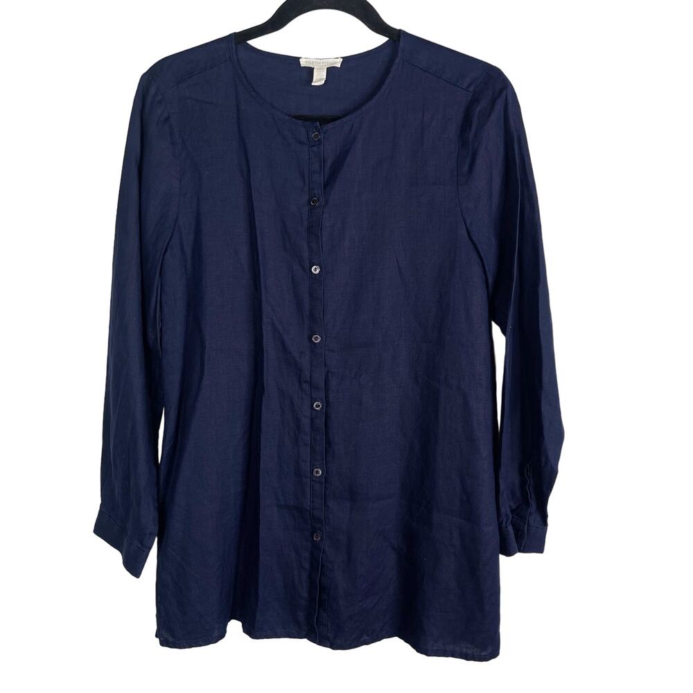 Eileen Fisher PS Petite Small Blue Organic Linen Button Front Blouse Crew Neck
